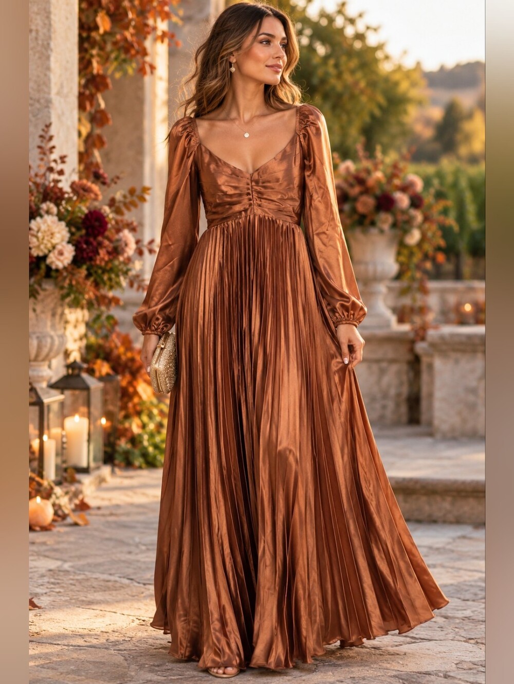 Zoe and Claire Maxi Dress L Copper Satin Romantic Goddess Autumn Wedding Guest